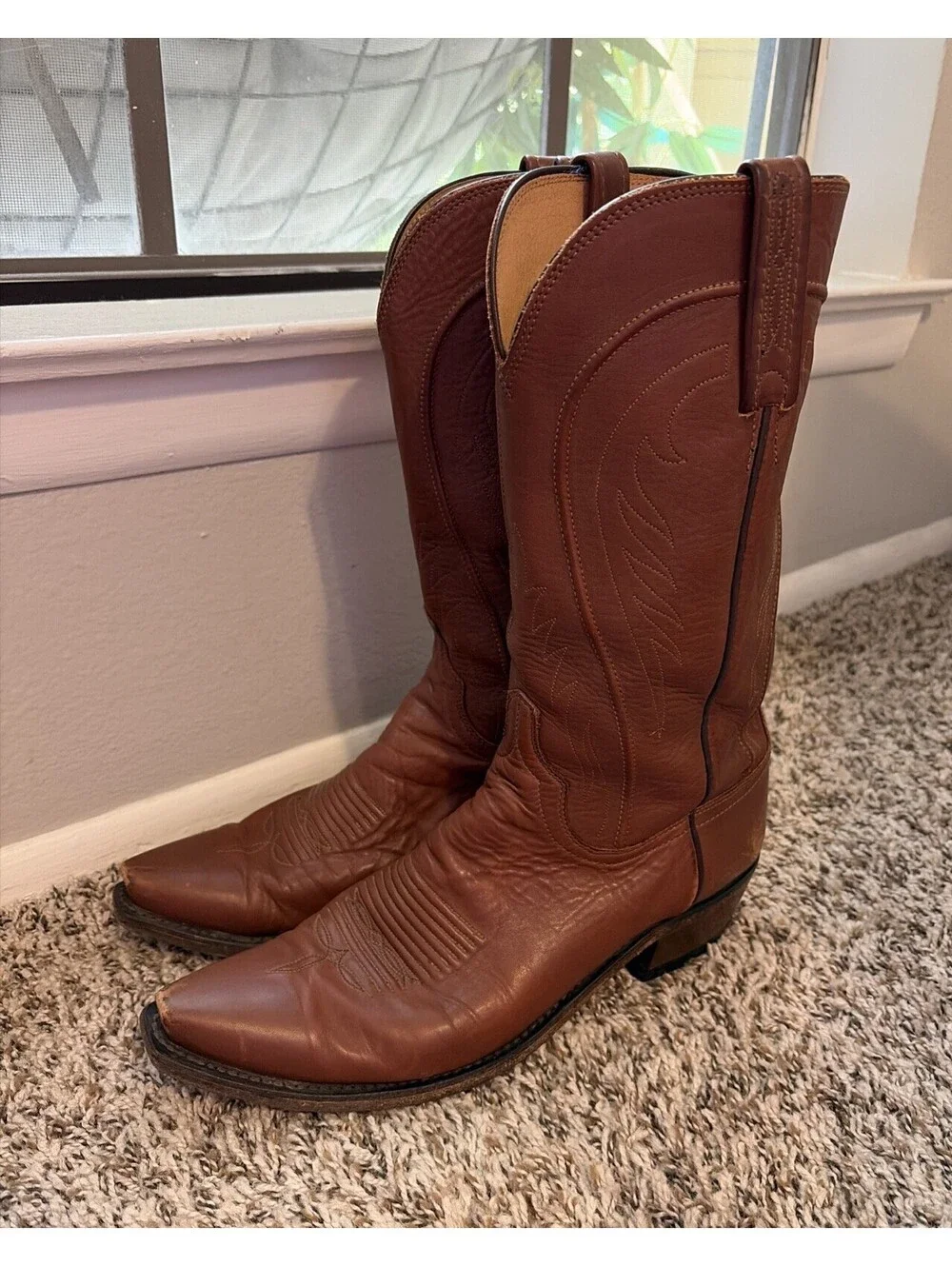 Lucchese Men's Brown Leather Ranch Hand Western Cowboy Boots Pull-On Size 9 D